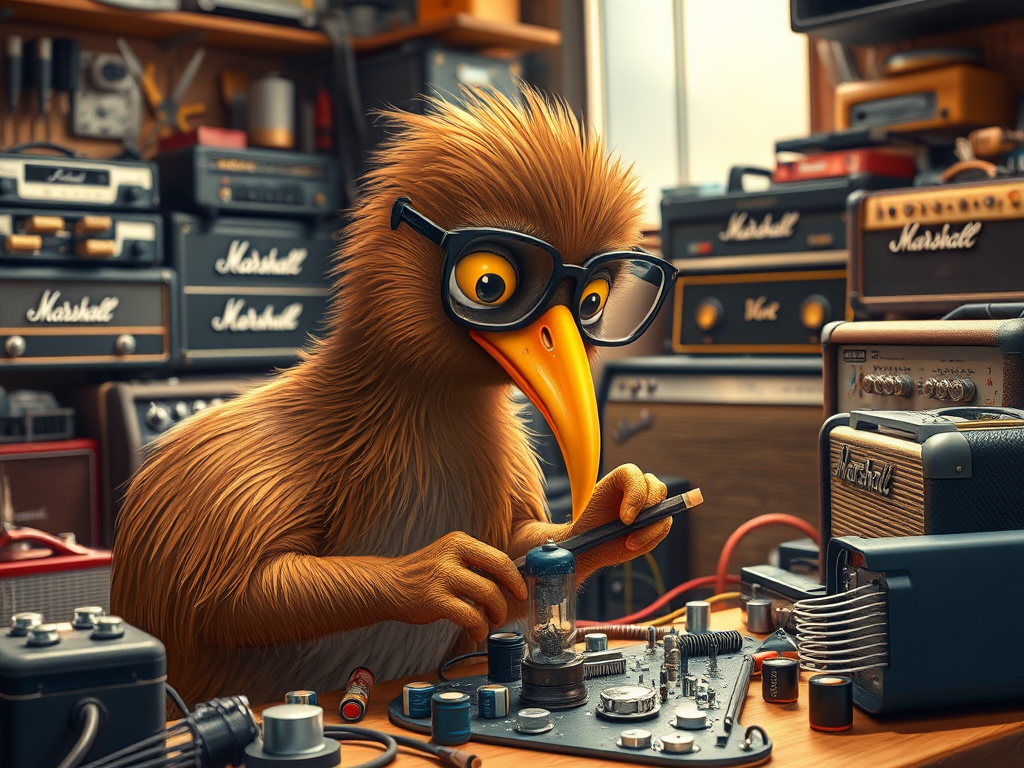 A Kiwi bird repairing a guitar amplifier